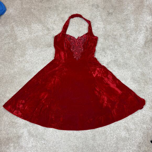 Vintage 80s Jump Apparel Beaded Velvet Halter Dress Women's 7/8 Cherry Girl Mod - Picture 2 of 11